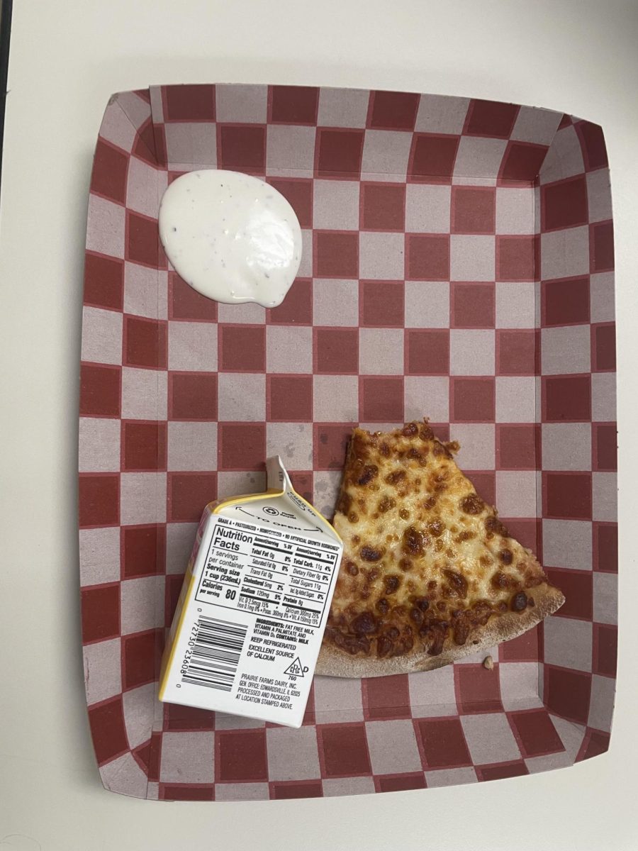 A lunch food, the person got sauce and started eating their food as soon as they got it.